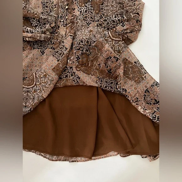 House Of Harlow 1960 Dress Boho Long Sleeve Mini Dress Brown Gold Sparkle size 8 - Picture 13 of 16